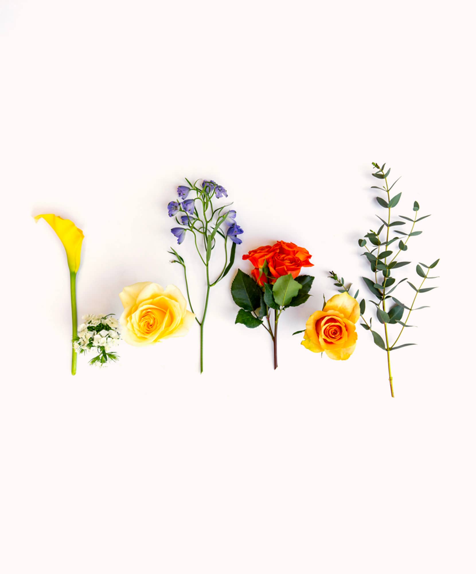Colorful floral arrangement featuring roses, calla lilies, and greenery on a light background.